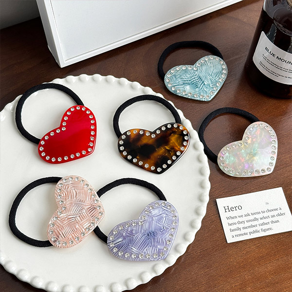 Dowell Heart-Shaped Rhinestone Acetate Hair Tie - Versatile Everyday Wear3