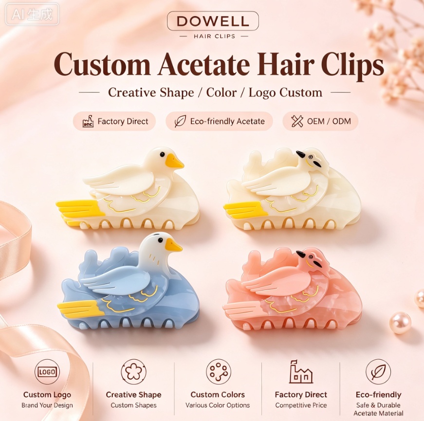Close-up of polished acetate hair clips showing layered colour and smooth surface finishing