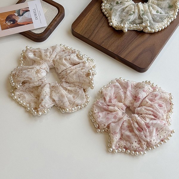 Lace pearl scrunchie showing soft texture for fashion hair styling